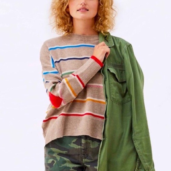 Sundry Oatmeal Rainbow Striped Heart Cozy Merino Wool Oversized Slouchy Sweater - Picture 2 of 6